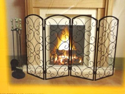 WROUGHT IRON BLACK SCROLL FIREPLACE SCREEN W/ 5 PC TOOL SET NICKEL 