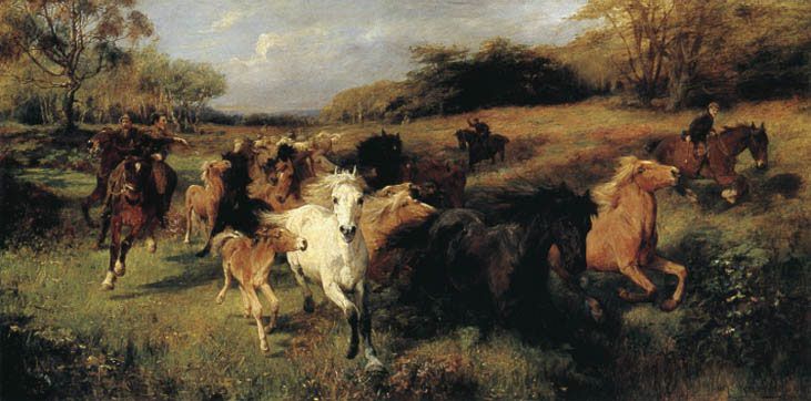 WILD HORSE HUNTING NEW FOREST WELCH CANVAS REPRO SMALL  