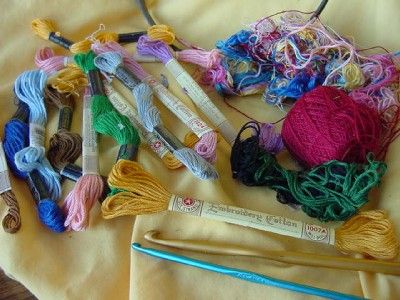 Big lot of vintage EMBROIDERY THREAD w old hoop HOOKS Skeins FLOSS 