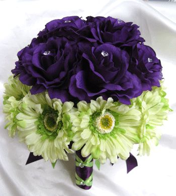 17pc wedding Bouquet Bridal flowers PURPLE GREEN DAISY  