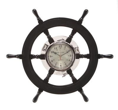 WOODEN SHIPS WHEEL WITH CLOCK  