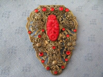 VINTAGE JEWELLERY LARGE FILIGREE DRESS CLIP RUBY RED RHINESTONES 1920s 