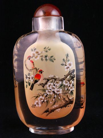 PEKING GLASS BIRDS ON TREES PAINTED LARGE SNUFF BOTTLE  