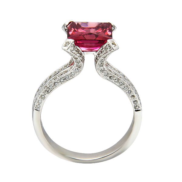   14K WHITE GOLD PINK TOURMALINE PAVE DIAMOND ENGAGEMENT COCKTAIL RING