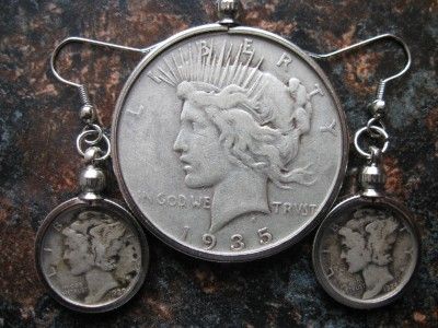 Pendant Earring Set Silver Peace $1 & Mercury Dimes in Quality Screw 