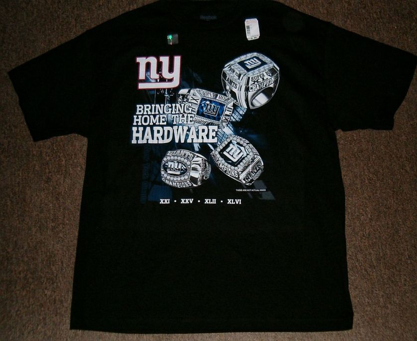 NY Giants tee shirt 4 time Super Bowl Champions XLVI rings NFL Reebok 