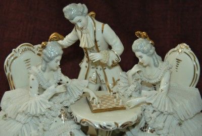 Large Dresden Porcelain Lace Triple Figurine Ladies Playing Chess 7 