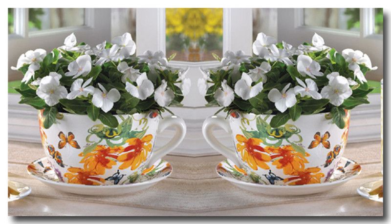 SET OF 2 COLORFUL 9.25 BUTTERFLY TEA CUP PLANTERS NEW  