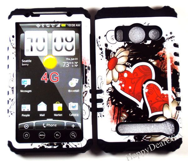   Silicone Rubber+Cover Case for Sprint HTC EVO 4G BK/Heart Daisy WT