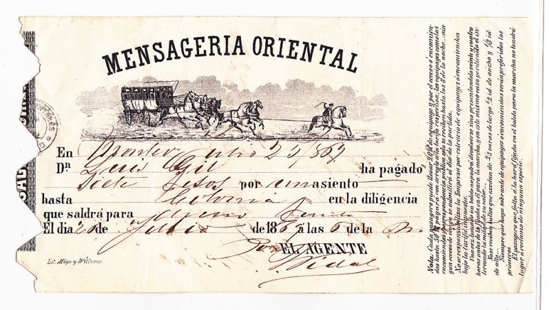 URUGUAY POST DILIGENCIA STAGECOACH PASENGER TICKET 1869  