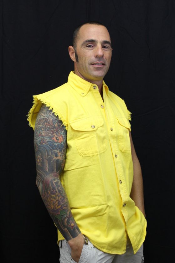 MENS BIKER YELLOW SLEEVELESS DENIM SHIRT   M L XL 2X 3X  