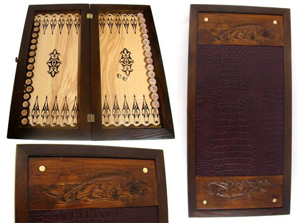 20 Big BACKGAMMON Set Hand Carved PANTHER Wood Leather  