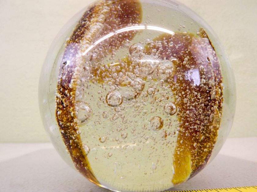 Clear Amber Bubbled Glass Heavy Standing Sphere  