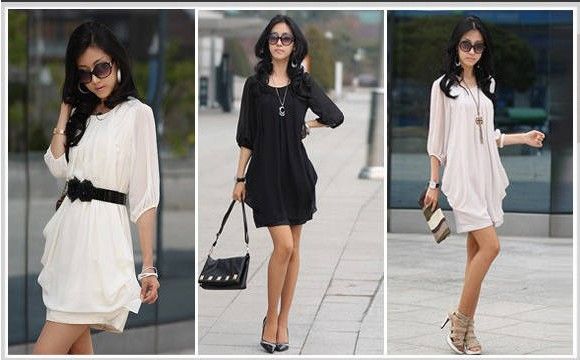 Large Size Women Lady 3/4 Sleeve Chiffon Casual Slim Mini Dress Top 