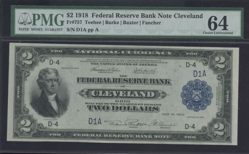 1918 CLEVELAND FRBN PMG 64 FANCY SERIAL #1  