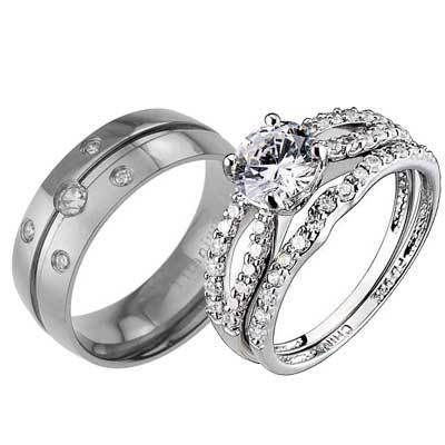   Hers Titanium Band 925 Silver Round CZ Antique Bridal Wedding Ring Set