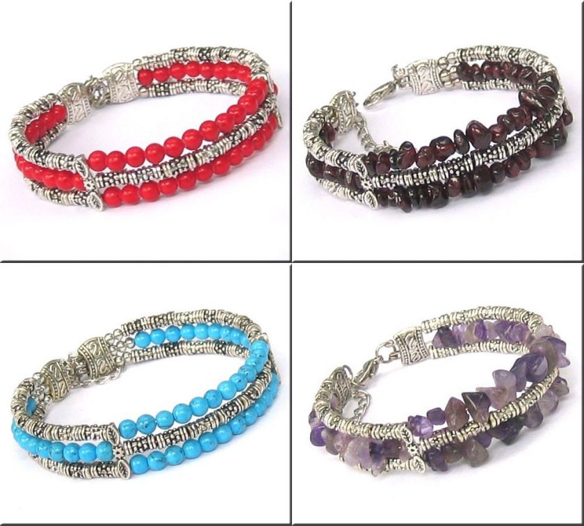 4PCS TIBET STYLE TIBETAN SILVER GEMSTONE BANGLES  