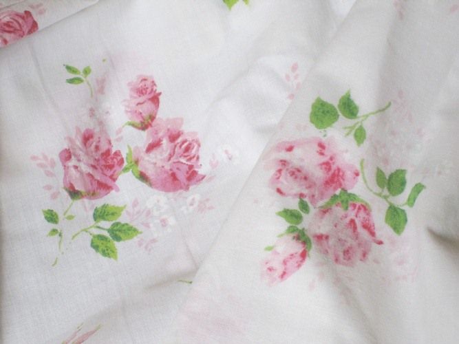 TWO Vintage Sheets~Shabby Cottage Chic Pink Roses on White~Dan River 