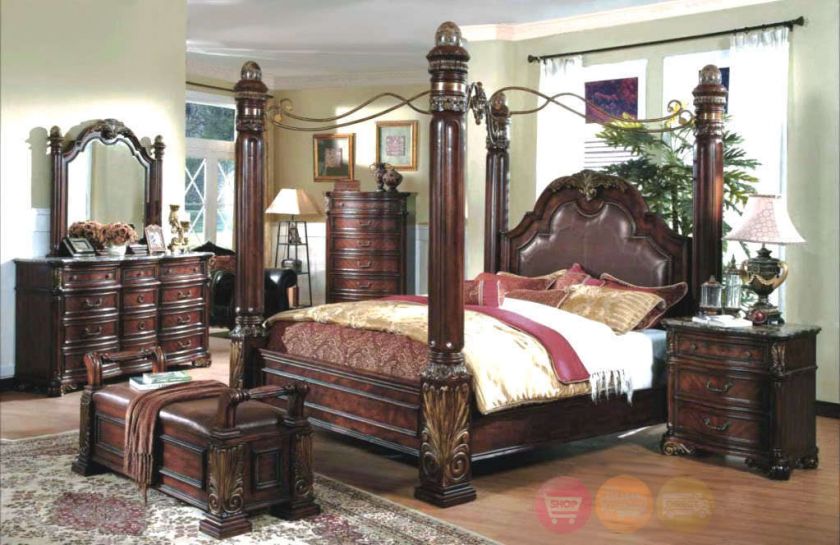 King Poster Canopy Bed Marble top 5 piece Bedroom Set  