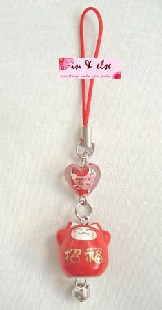 Red Ceramic Maneki Neko Lucky Cat Bell Cell Phone Charm Strap  