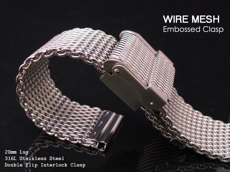 20mm Poilshed Mesh Watch Band Bracelet Wire Mesh Embossed Interlock 