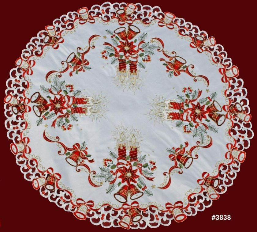 Christmas Embroidery Tablecloth 34 Round Holiday WHITE  