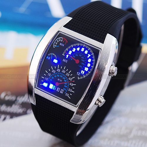   Blue Binary LED Light Digital Dot Matrix Mens Sport Rubber Watch Gift