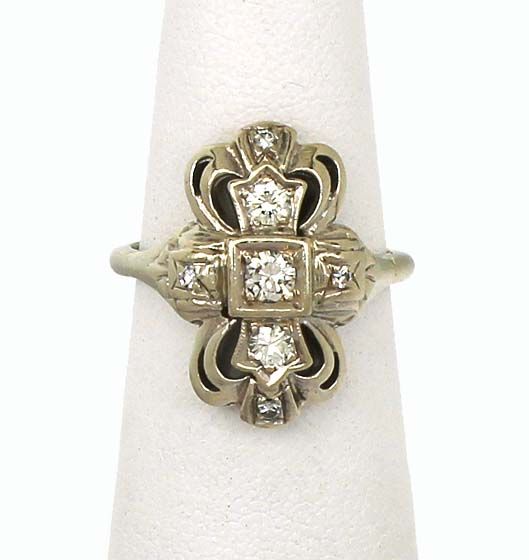 ART DECO 14K WHITE GOLD LADIES DIAMOND ORNATE RING  