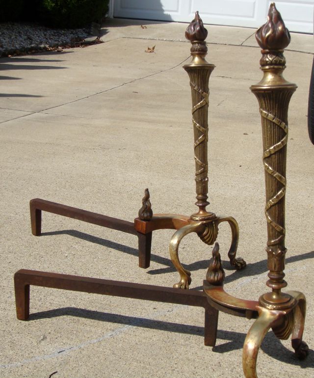   Brass Andirons Flame Top Early 1900s Antique Fireplace Decor  