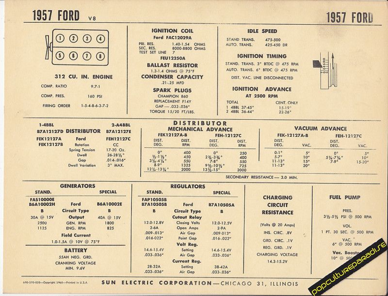 1957 FORD V8 312 ci Engine SUN ELECTRONIC SPEC SHEET  