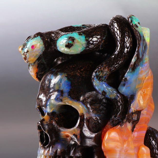 Matrix Opal Carved Crystal Skull, Gemstone, Strong Fire, Black Onyx 