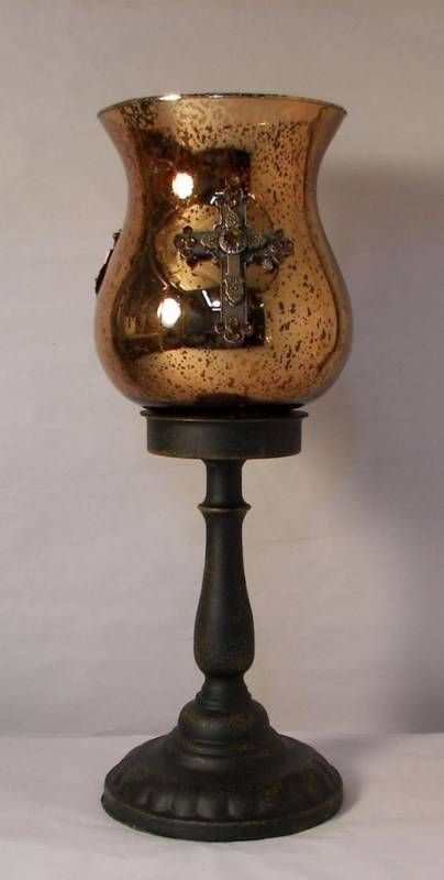 19 hurricane lamp,gold glass shade,candleholder,cross  