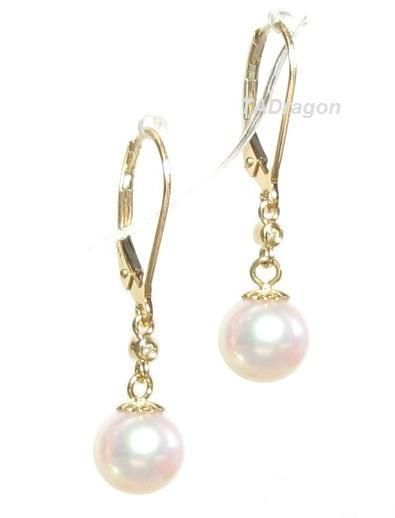 8mm Akoya White Pearl 14K Yellow Gold Diamond Lever Back Earrings 