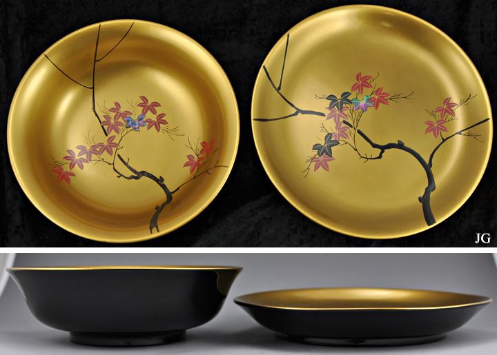 Fuji Japanese Maple Gilt Lacquerware Bowl & Plate Set  