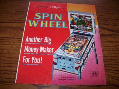 1968 GOTTLIEB SPIN WHEEL PINBALL MACHINE FLYER BROCHURE  