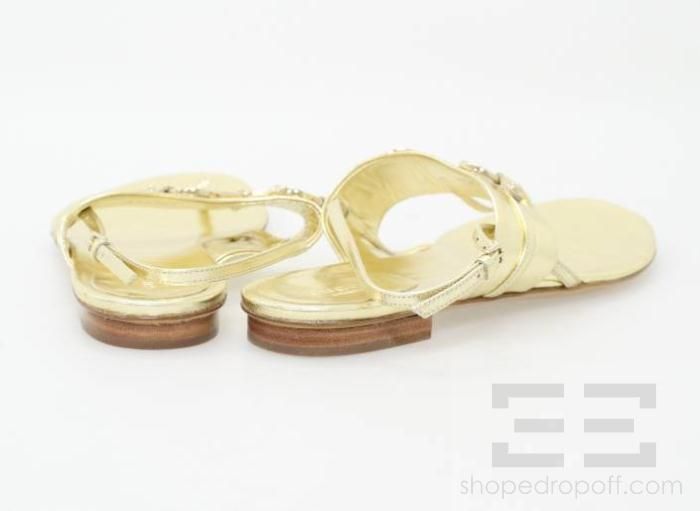   Gold Metallic Leather Horsebit T strap Sandals Size 9B NEW  