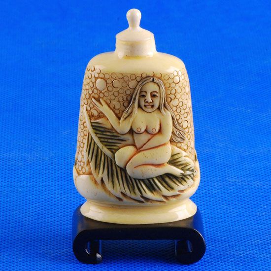 Carved OX Bone Snuff bottle Carving Beauty Lady Stand  