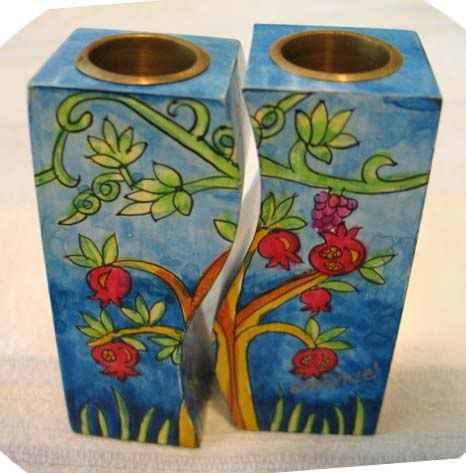 Shabbat Hand Painted Emanuel Wood Candlesticks Seven Species Judaica 